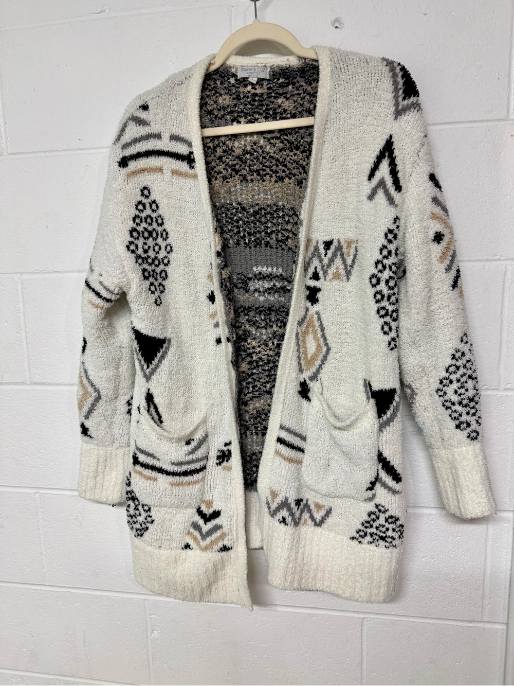 Open-Front Geo Pattern Cozy Cardigan Sweater - Ivory with Black & Tan Accents
